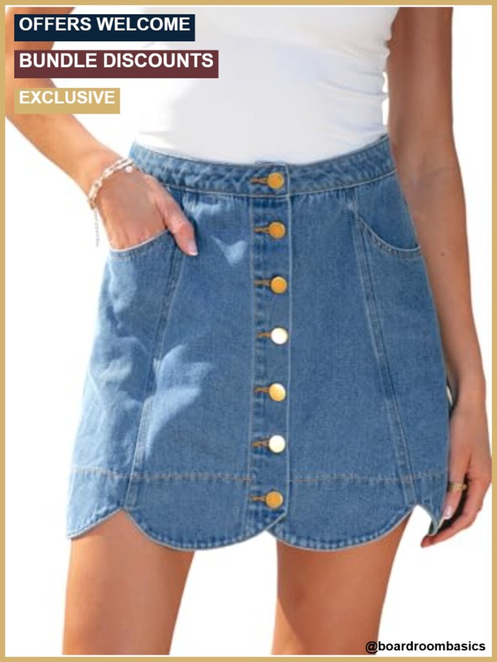 High Waist Denim Mini Skirt Button Front Scalloped Hem Summer Casual